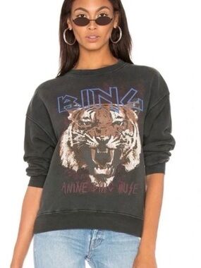 Anine Bing Tiger Graphic Sweatshirt Charcoal Gray Size Small Designer